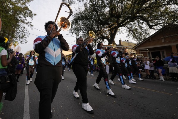Members of the Talladega College band perform during the Zulu parade on Mardi Gras Day, Tuesday, March 4, 2025 in New Orleans. (AP Photo/Gerald Herbert)