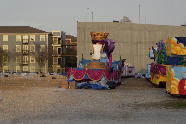 Floats are stored in a lot before the Mardi Gras Day parade on Tuesday, March 4, 2025 in New Orleans. (AP Photo/Gerald Herbert)